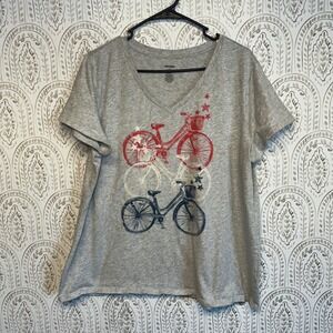 Womens Plus Size XXL Gray V Neck T Shirt Bicycle Print Red Blue Stars Casual Tee